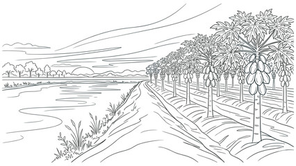Fototapeta premium Rural landscape with papaya trees, lake, and dirt road, line art illustration on white background.