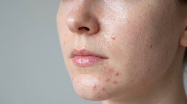 Close up view of woman&rsquo;s face with acne on her chin and jawline.