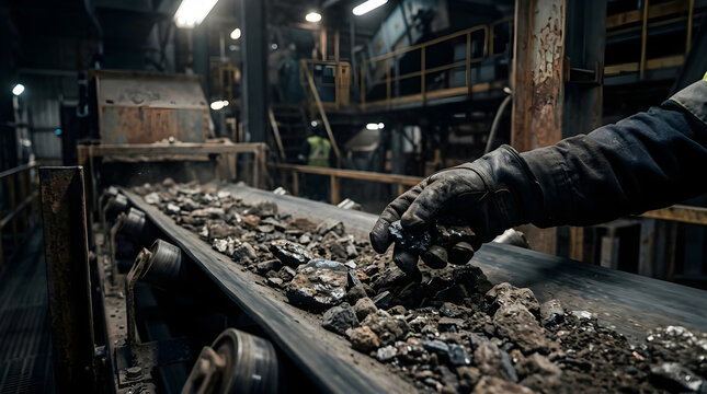 Coal processing on conveyor belt in industrial setting