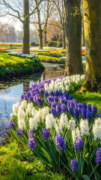 A serene garden scene with vibrant flowers and trees