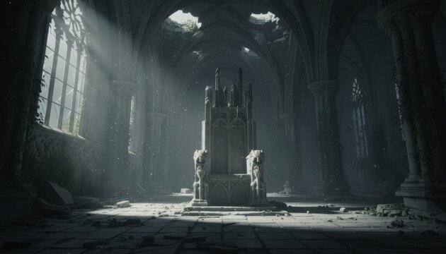 Ancient stone throne inside crumbling gothic cathedral ruins