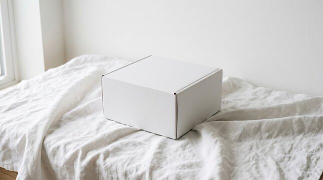 Minimalist white cardboard box resting on a textured fabric surface by a window, offering a clean, customizable space for product display, gift packaging, or e-commerce branding concepts