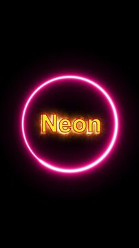 Glowing pink neon ring on dark background with the word neon in bright yellow-orange, futuristic nightlife style, minimal composition.