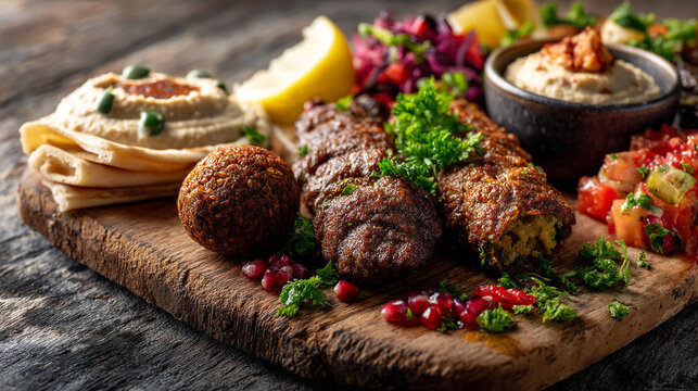 Middle eastern mezze platter with hummus falafel kebab salad appetizer traditional appetizers