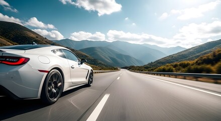 White sports car driving on scenic mountain highway with cloudy sky