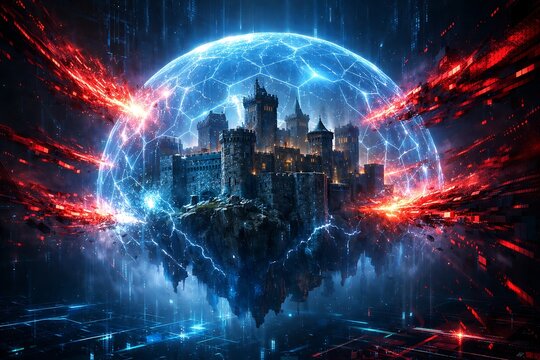 Futuristic Castle Protected by Digital Energy Shield