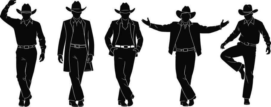 Cowboy silhouette set, western man poses collection, black hat rancher character, country style figure illustration, isolated vector design concept