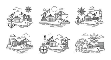 Naklejka premium Line art illustration depicting various ships ports and nautical elements