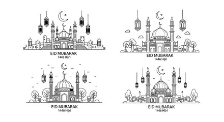 Fototapeta premium Eid mubarak illustrations featuring mosques lanterns and crescent moons