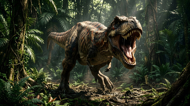 Tyrannosaurus rex in dense jungle environment