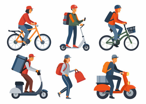 Diverse delivery personnel utilizing various transportation methods for quick service