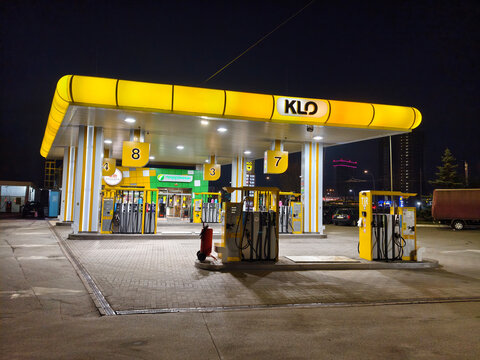 KLO filling station in night Kyiv city, capital of Ukraine