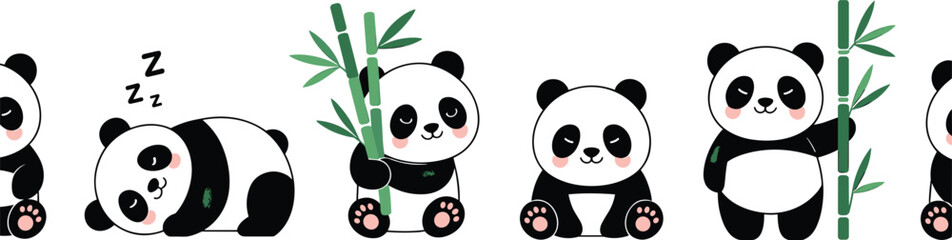 Adorable cute panda bear vector set with bamboo and sleeping poses in kawaii cartoon style for children book nursery decor and digital sticker designs. © Yesrath Hasan Sobuj