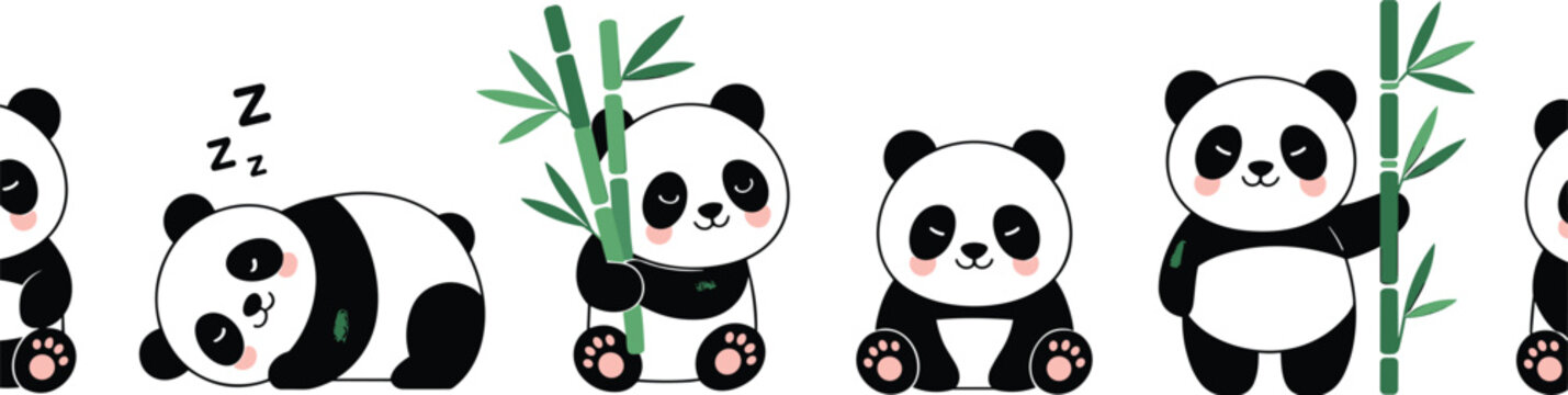Adorable cute panda bear vector set with bamboo and sleeping poses in kawaii cartoon style for children book nursery decor and digital sticker designs.