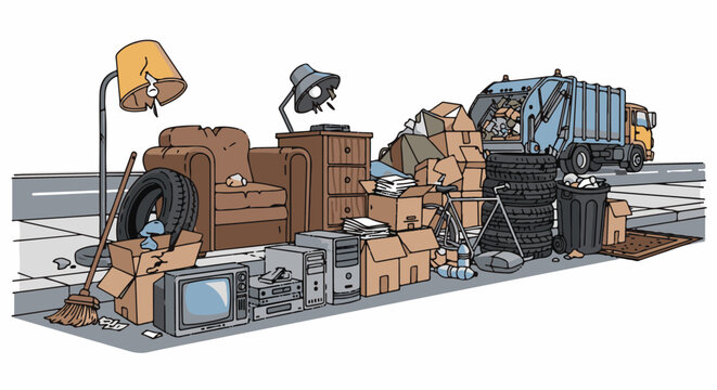 Discarded furniture and electronics piled on curb with garbage truck