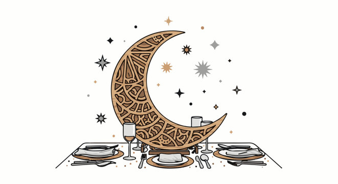 Decorated crescent moon above a table set for a festive meal