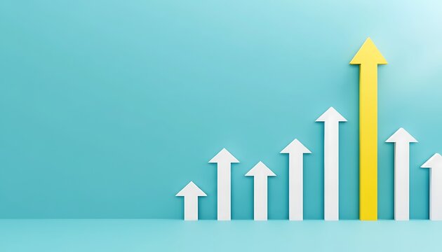 Staircase of rising arrows illustrating financial prosperity on smooth blue studio backdrop.