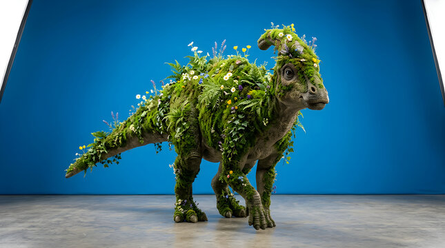 Dinosaur covered in moss and flowers