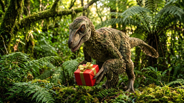 Dinosaur holding gift box in lush forest