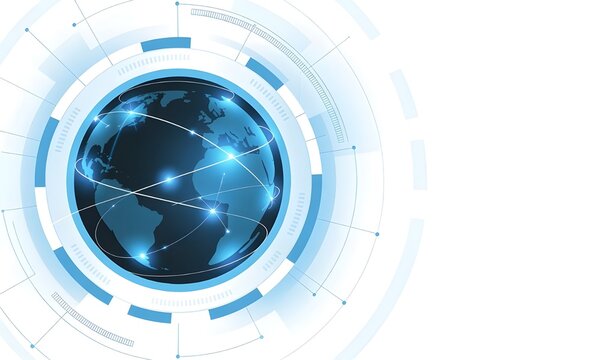 Dark blue globe centered within concentric circular rings and glowing light nodes connected by thin white lines against a clean white background representing global communication and data networking