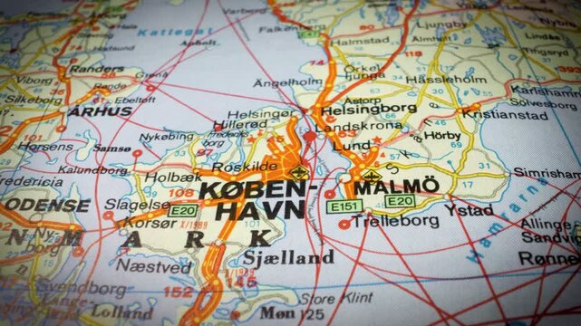 cinematic glide over road map showing route to Copenhagen, Denmark