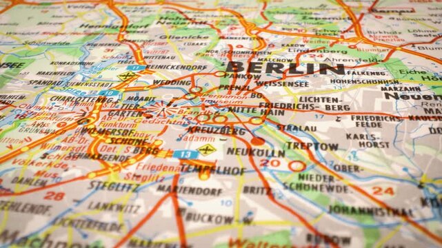 Close-up sliding over Germany map highlighting route to Berlin