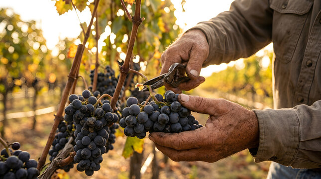 Farmer harvesting dark grapes in vineyard