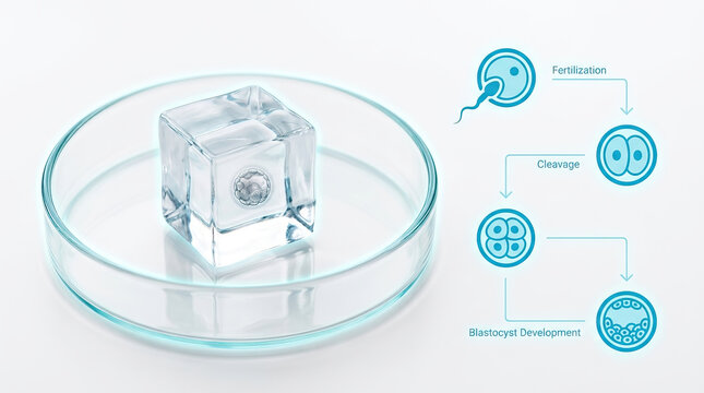 In vitro fertilization concept with fertilized egg inside glass cube on glass dish, showing stages of cleavage and blastocyst development in scientific style
