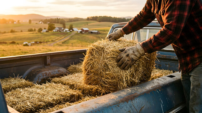 Farmer loading hay bales onto pickup truck