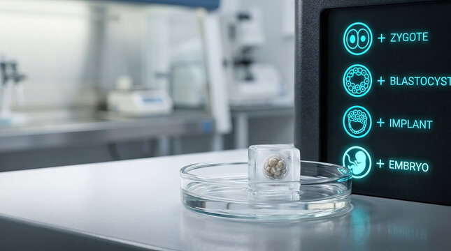 Embryo development stages displayed on digital screen with glass dish holding embryo in laboratory setting, illustrating advanced reproductive technology and scientific research