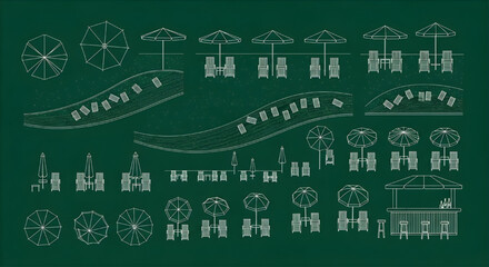 Fototapeta premium Beach Resort Elements Blueprint Icon Set – Umbrellas Sunbeds Shoreline and Beach Bar AutoCAD Multi View Landscape Technical Drawing White Outline on Dark Green Background