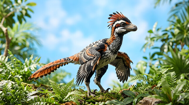 Feathered dinosaur in lush forest environment
