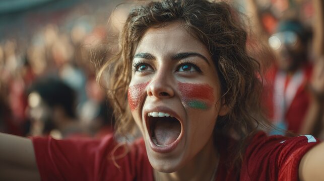 Euphoric woman in a football stadium with her face painted with the colors of the Jordanian flag, cheering and supporting her team.
