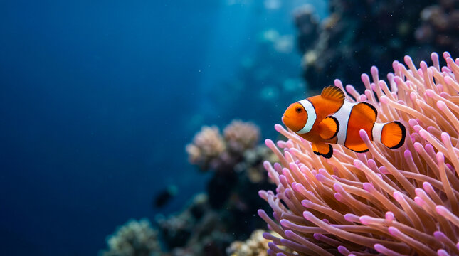 Pez payaso con espacio para texto en composici&oacute;n comercial limpia y colores vibrantes.