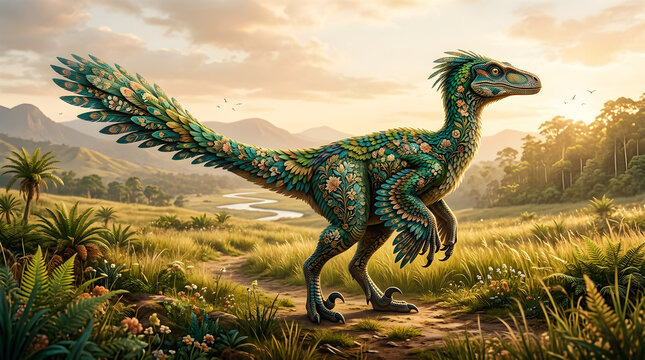 Feathered dinosaur in lush prehistoric landscape