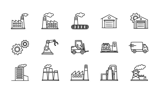 Simple factory line icons set modern industrial outline symbols for manufacturing production and industry vector collection