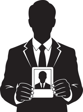 A stark black silhouette depicts a man in a suit and tie presenting a formal anonymous figure silhouette. Man in a suit and tie vector illustration.