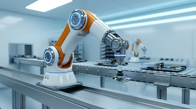 Industrial robotic arm assembling electronics on conveyor belt