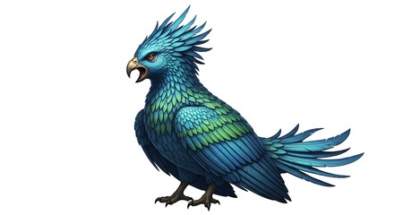 Fototapeta premium Blue-green fantasy bird with spiky crest and plumage, fantasy creature