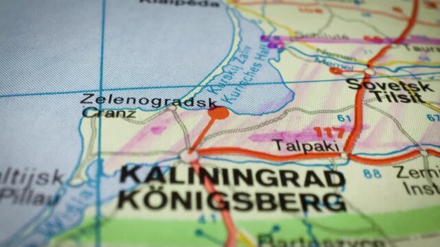 Smooth sliding shot across road map showing route from Klaipeda through Baltic Sea to Kaliningrad