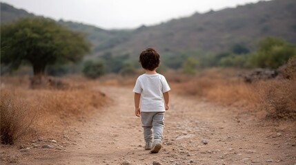 Naklejka premium A small child walking away down a dusty dirt path through a natural overgrown landscape