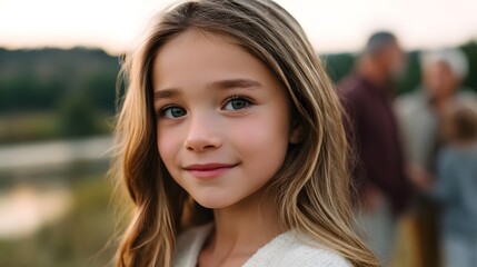 Obraz premium Charming portrait of a beautiful young girl in soft natural light featuring a shallow depth of field against a scenic background