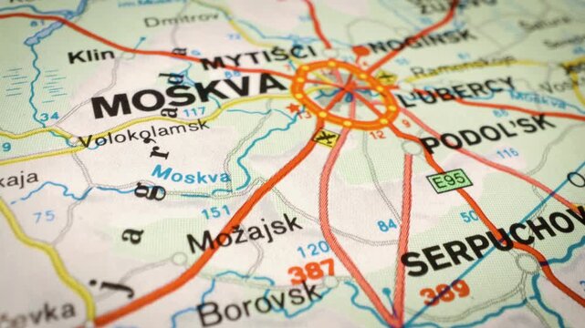 macro sliding shot across Russia map toward Moscow