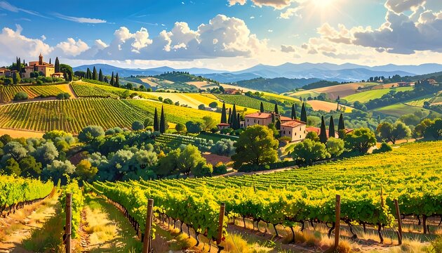 A serene Italian countryside landscape with rolling hills, vineyards, and distant mountains