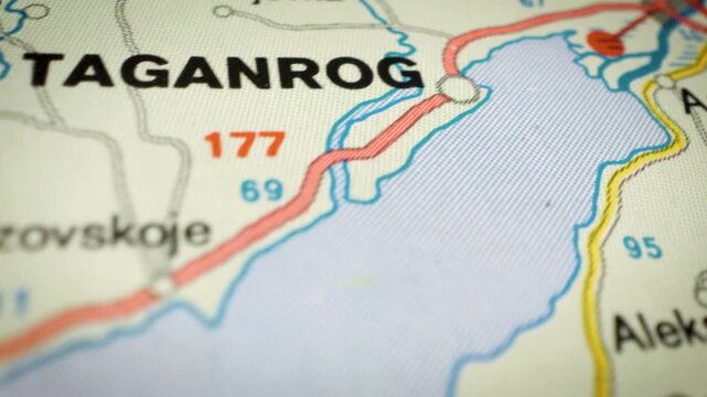 Smooth sliding shot across road map showing coast of the Sea of Azov and route to Rostov