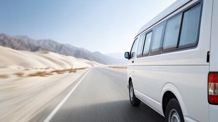 Obraz premium White passenger van traveling on desert road toward distant mountains
