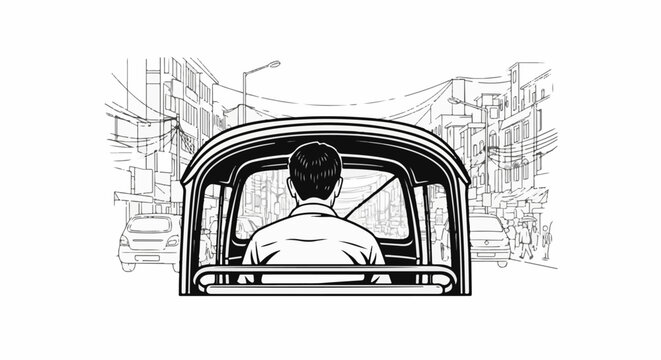 Driver's perspective from inside a tuk-tuk on a busy street