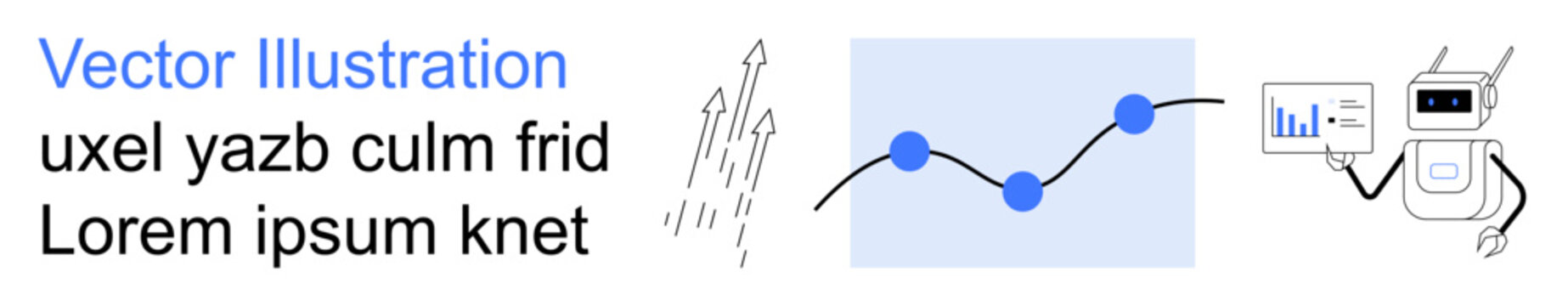 Data science, robotics, artificial intelligence, business growth, technology trends, innovation. Line graph and dots, robot holding data charts rocket icon. Data science and robotics visualization