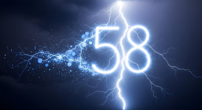 Bright neon number 58 illuminated by a powerful lightning strike against a dark stormy sky
