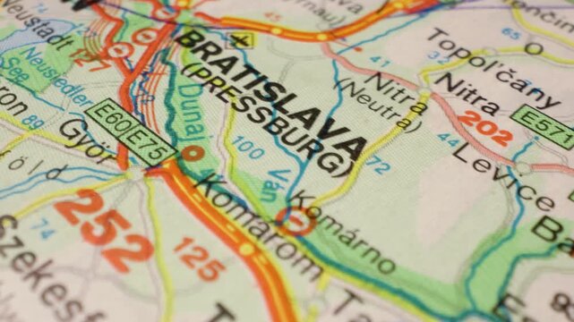 Macro camera movement over map highlighting journey from Budapest to Vienna